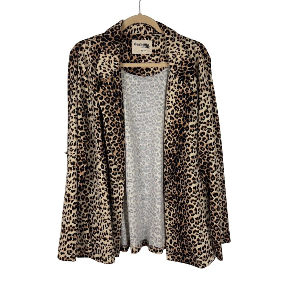 Savanna Jane 1X Leopard Print Open Front Cardigan Blazer Sweater Jacket Roll Tab